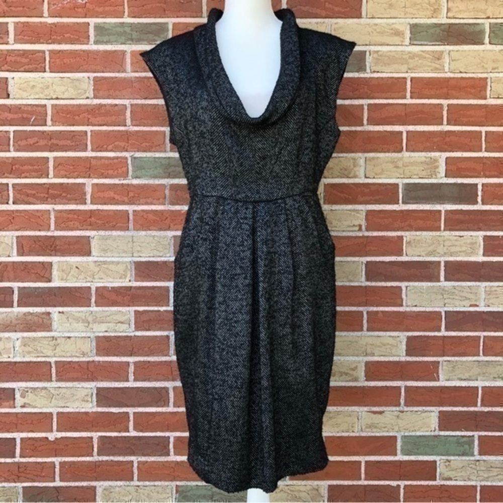 Zara Basic Herringbone Patterned Cowl Neck Black Silver Midi Dress 👗